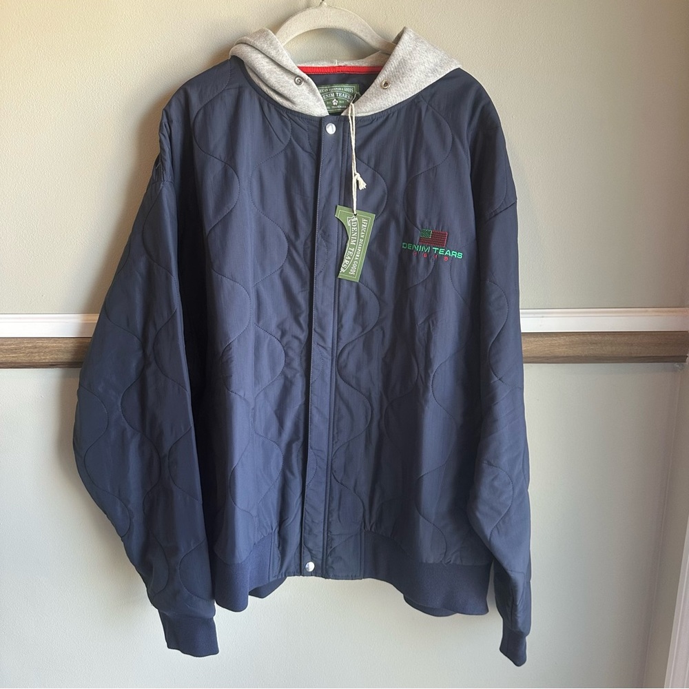 DENIM TEARS Navy Quilted Bomber Jacket Hooded